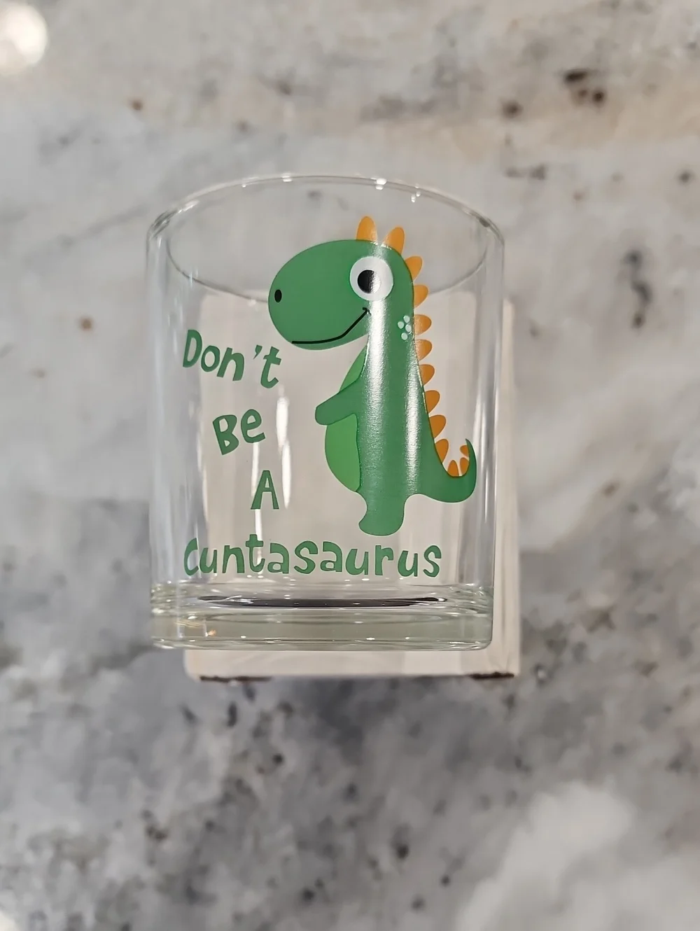 Green Dinosaur Glass Tumbler with Playful Text